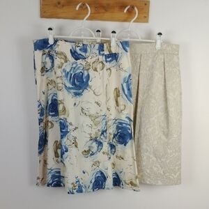 VINTAGE Mac & Jac‎ Blue and Cream Floral A-Line Skirt Paisley Designer Myth